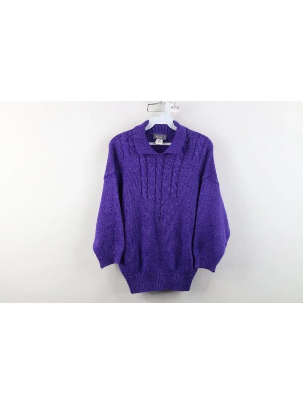 Vintage 80s 90s Womens Large 3/4 Sleeve Cable Knit Collared Sweater Purple USA